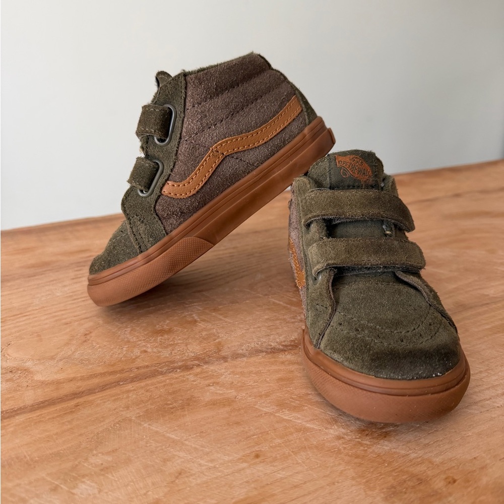 Vans Kids Olive Green Suede High-Top Sneakers with Brown Accents